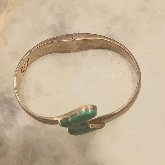 Signed Vintage Mexico Taxco Malachite 925 Sterling Silver Bangle Bracelet Cuff - Picture 4 of 12